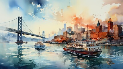 Beautiful watercolors of San Francisco Bay. - obrazy, fototapety, plakaty