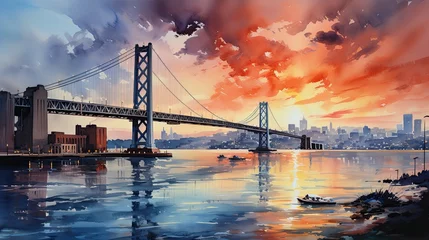 Fotobehang Beautiful watercolors of San Francisco Bay. © Ramon Grosso