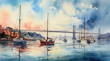 Beautiful watercolors of San Francisco Bay. - obrazy, fototapety, plakaty
