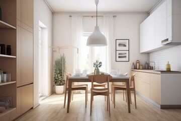 Kitchen with dining table and poster. Generative AI
