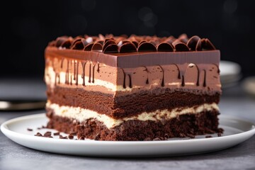 side view of a layered chocolate mousse cake