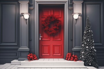 Door Christmas colorful decoration. Red door exterior with colorful lights. Generate Ai