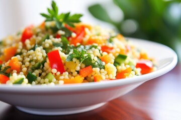 close-up of couscous salad with bright bell peppers