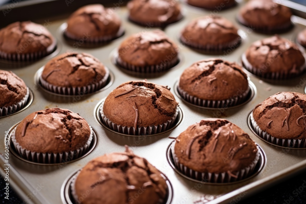 Poster chocolate muffins lined up on a baking sheet