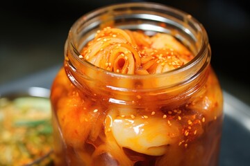 detail of bubbles formed by fermentation in a jar of kimchi