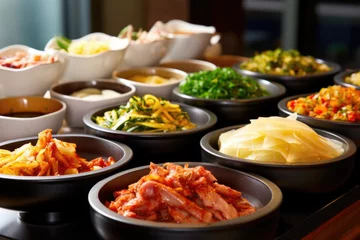 Fotobehang stack of various korean banchan dishes, focus on kimchi © altitudevisual