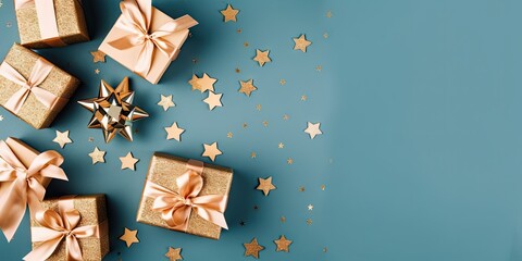 Festive celebration. Gift box and glittering decorations. Holiday happiness. Merry christmas and new year decor. Blue and gold elegance. Decoration background