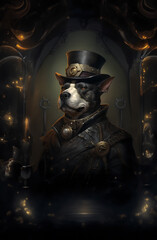 Fototapeta na wymiar Steampunk bulldog wearing hat cylinder. Dog in the vintage frame. Steampunk images. Fantasy illustration. 