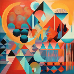 A colourful abstract painting with geometric
