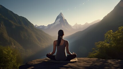 A yoga practicioner in a tranquil mountains ultra realistic illustration - Generative AI. - obrazy, fototapety, plakaty