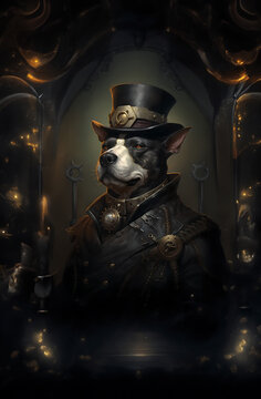 Steampunk bulldog wearing hat cylinder. Dog in the vintage frame. Steampunk images. Fantasy illustration. 