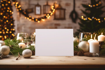 A mockup featuring an empty Christmas card on a table decorated with greenery, candles, and ornaments, ideal for displaying holiday greeting card. Generative AI - obrazy, fototapety, plakaty