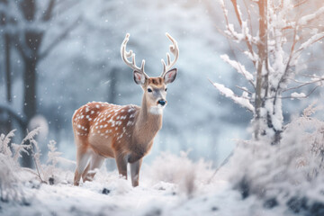 A softly blurred winter wildlife scene with a majestic deer in a snowy forest background. Generative AI