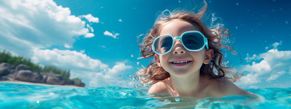 A child in sunglasses swims in the sea. Generative AI.