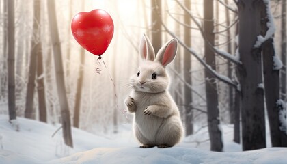 Cute rabbit in winter forest holding a heart shaped balloon