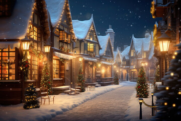 Christmas charming village adorned with festive lights, with a subtle blur in dream land concept. Generative AI