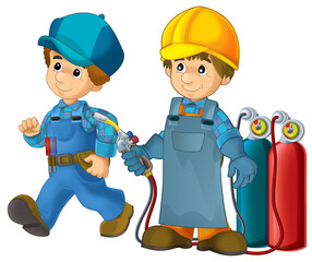 cartoon construction worker in some additional safety cover standing isolated illustration for children