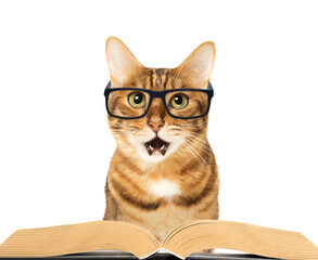 Funny amazed cat in glasses with a book isolated on a transparent background.