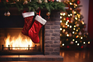 A mockup of the empty Christmas stocking hanging by the fireplace, adorned with greenery and twinkling lights for Christmas. Generative AI - obrazy, fototapety, plakaty