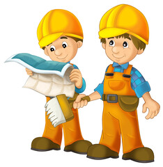 cartoon construction worker in safety costume cover standing isolated illustration for children