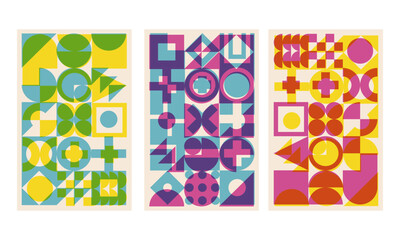 Abstract geometric cover set with riso print effect. Bauhaus shapes pattern risograph style