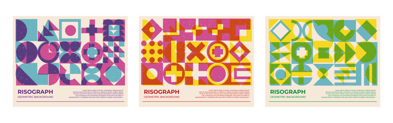 Trendy poster collection with riso print effect. Abstract geometric shapes pattern risograph style with grain texture.