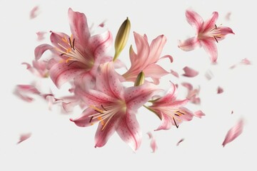 Isolated falling pink lilies flowers with flying petals on transparent background. Generative AI