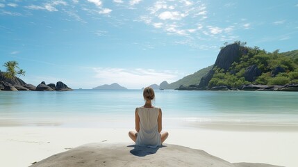 A yoga practicioner on a remote island ultra realistic illustration - Generative AI.