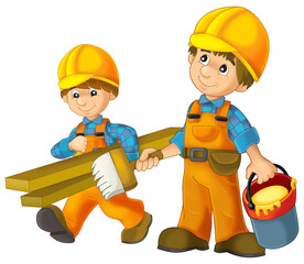 cartoon construction worker in safety costume cover standing isolated illustration for children