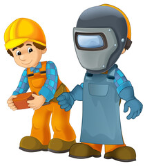 cartoon construction worker in some additional safety cover standing isolated illustration for children
