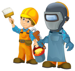 cartoon construction worker in some additional safety cover standing isolated illustration for children
