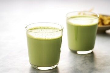 two glasses of matcha latte, different shades of green