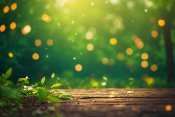 Empty wooden table and blurred bokeh background of grass and flowers in the park