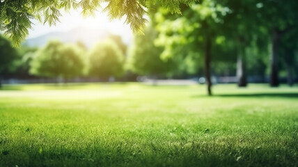 Obraz premium Green lawn and trees background with copyspace. Nature background concept. Generative AI