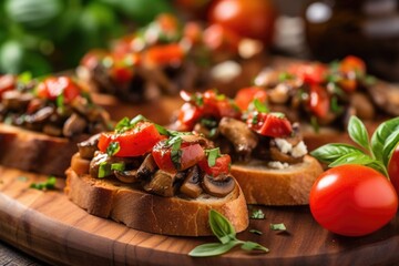 close-up of mushroom bruschetta on a wooden board