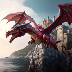 red dragon flying coming close to camera castle over looking ocean in the background photo realistic hyper detailed dramatic lighting super detailed fine details sharp focus 8k  - obrazy, fototapety, plakaty