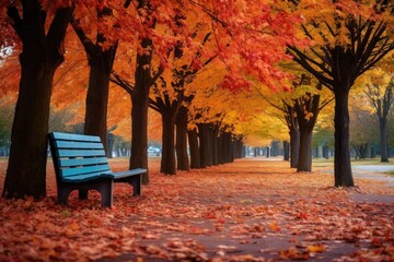 Naklejka premium wooden park bench nestled between colorful autumn trees