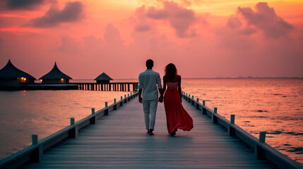 Lovers in the Maldives couple. Generative AI. - obrazy, fototapety, plakaty