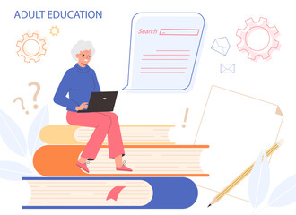 Elderly woman studying, female person sitting with laptop, reading and studying. Active social life at any age. Concept distance courses for retired person
