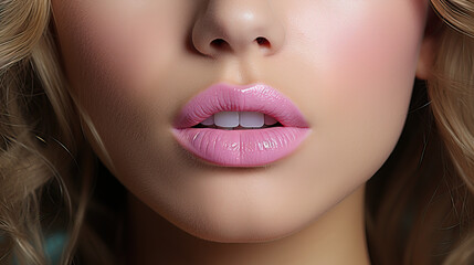 Feminine face with an open mouth with pink lipstick and blonde curls