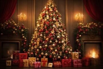 Fototapeta na wymiar Christmas and New Year holidays background. Christmas tree with presents, bokeh.