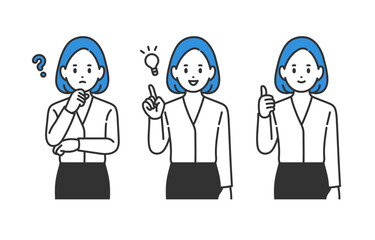 疑問･ひらめく･グッドのポーズをするビジネスパーソン女性のセット【人物ベクターイラスト素材】