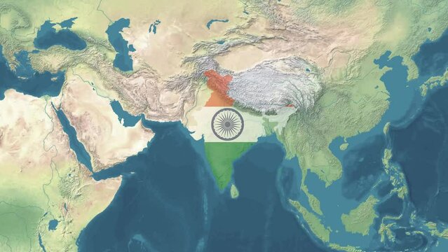 Zoom in animated Satelite map of India or Bharat or Hindustan with Flag and drawing area with right boundaries including Kashmir