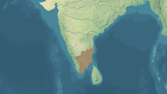 Zoom in animated Satelite map of Tamil Nadu state or province of India with area revealing