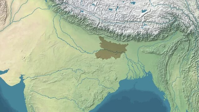 Zoom in animated Satelite map of Bihar state or province of India with area revealing