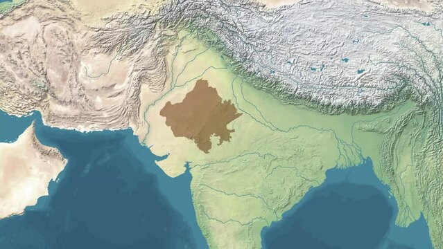 Zoom in animated Satelite map of Rajasthan state or province of India with area revealing