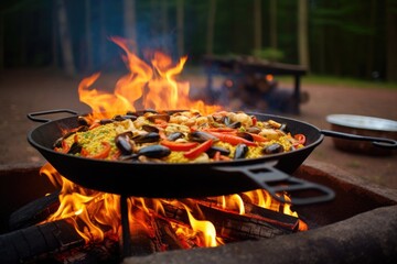 cooking paella on an open fire with a chefs spatula