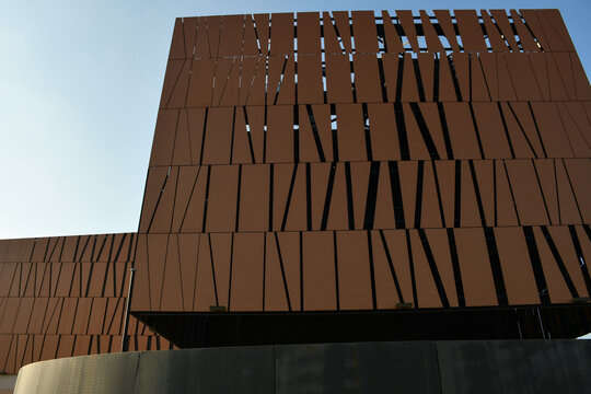 Beverly Hills, CA, USA - October 9, 2019: Close-up of the facade of the Bram Goldsmith Theater of the Wallis Annenberg Center for the Performing Arts, designed by Zoltan Pali of SPF:architects.