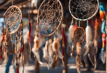 Native American dream catchers hanging on display at the outdoor market - obrazy, fototapety, plakaty