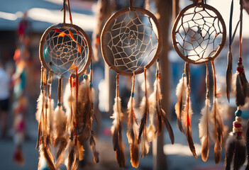 Native American dream catchers hanging on display at the outdoor market - obrazy, fototapety, plakaty